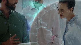 Three colleagues by window activating globe projecting rotating continents for business insight. Futuristic, collaboration, innovation, digital, technology, urban, professional - Powered by Shutterstock - Get 15% off with code: PIKWIZARD15