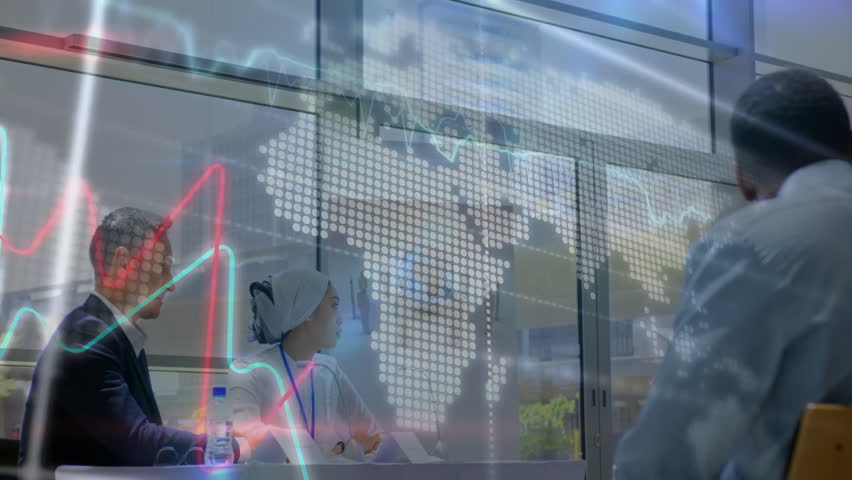 Business team starting presentation in glass room, launching line graphs showing market trends. Corporate, data visualization, modern, teamwork, professional, analytics, collaboration - Powered by Shutterstock - Get 15% off with code: PIKWIZARD15