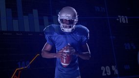 Football player stepping forward in studio adjusting helmet, activating sports analytics overlays. Athlete, analytics, sports, technology, performance, innovation, fitness - Powered by Shutterstock - Get 15% off with code: PIKWIZARD15