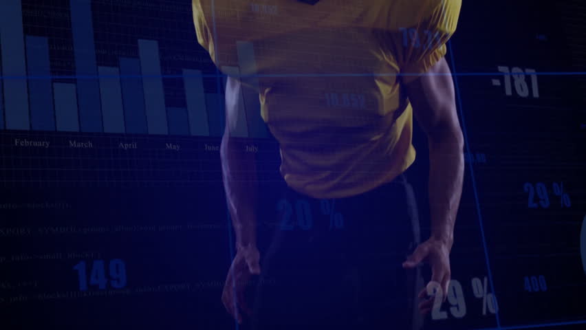 Football player catching incoming ball and running as charts tracking performance metrics. Athlete, sports, endurance, performance, analytics, futuristic, motion - Powered by Shutterstock - Get 15% off with code: PIKWIZARD15