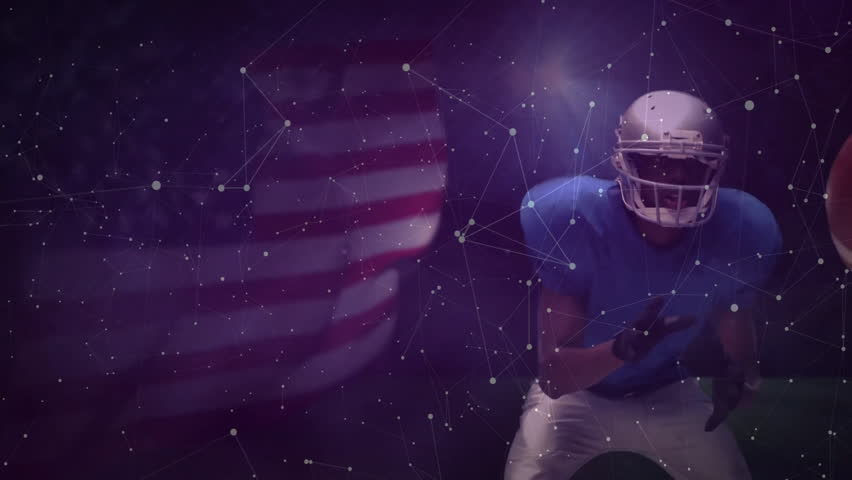 Blue jersey football player emerging sliding stats panels; opponent appearing overlays fading. Sports analytics, data visualization, digital interface, athlete performance, virtual environment, - Powered by Shutterstock - Get 15% off with code: PIKWIZARD15