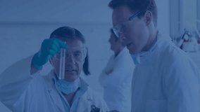 Scientists shaking test tube and annotating data while molecular overlay highlighting lab research. Research, collaboration, innovation, analysis, chemistry, laboratory, experimentation - Powered by Shutterstock - Get 15% off with code: PIKWIZARD15