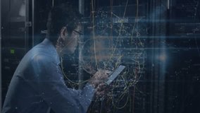 IT technician crouching at data center rack tapping tablet diagnosing network via hologram overlay. Technology, networking, data, cybersecurity, modern, interface, infrastructure - Powered by Shutterstock - Get 15% off with code: PIKWIZARD15