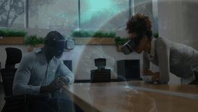 Securing VR headsets, two colleagues exploring metaverse with glowing sphere above table. Futuristic, collaboration, digital, innovation, technology, immersive, virtual - Powered by Shutterstock - Get 15% off with code: PIKWIZARD15
