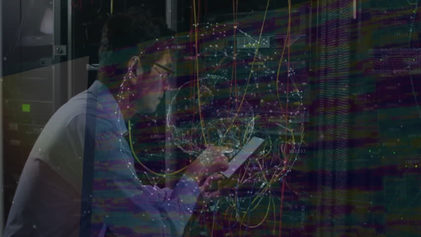 Network engineer entering data center inspecting links and tapping tablet animating data overlay. Technology, cybersecurity, neural network, industrial, professional, digital, innovation - Powered by Shutterstock - Get 15% off with code: PIKWIZARD15