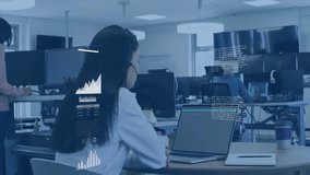 Seated woman adjusting headset and starting business data overlay showing chart and map for review. Collaboration, data visualization, technology, teamwork, modern office, business intelligence, - Powered by Shutterstock - Get 15% off with code: PIKWIZARD15