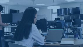 technician typing on laptop in tech office, map fading in and icons simulating data flow. Collaboration, technology, digital, global, data, communication, innovation - Powered by Shutterstock - Get 15% off with code: PIKWIZARD15