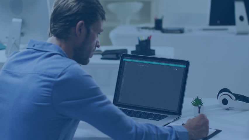 Coder tapping stylus and typing code on laptop while floating social metrics swirling deskward. Technology, digital, workspace, innovation, creativity, communication, productivity - Powered by Shutterstock - Get 15% off with code: PIKWIZARD15