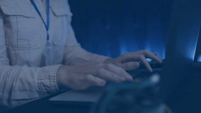 IT pro typing on laptop starting world map overlay expanding across desk showing connectivity. Technology, globalization, connectivity, networking, digital, professional, modern - Powered by Shutterstock - Get 15% off with code: PIKWIZARD15