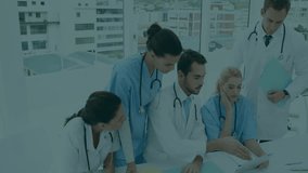 Leaning forward on tablet, medical team reviewing data with nodes forming shield for security. Medical, collaboration, technology, innovation, healthcare, digital, teamwork - Powered by Shutterstock - Get 15% off with code: PIKWIZARD15