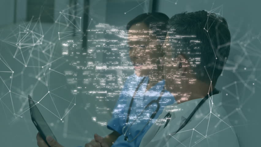 Nurse and physician reviewing medical data on tablet, network forming fingerprints, shield locking. Healthcare, digital security, cybersecurity, innovation, teamwork, professionalism, technology - Powered by Shutterstock - Get 15% off with code: PIKWIZARD15