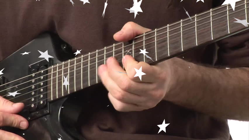 Opening star graphics drifting, guitarist sliding strumming tapping showcasing technique. Musician, performance, artistry, minimalist, dynamic, chromatic, virtuosity