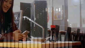 woman picking up smartphone and swiping as animated finance charts updating over restaurant table. Technology, finance, data, analytics, modern, business, communication - Powered by Shutterstock - Get 15% off with code: PIKWIZARD15