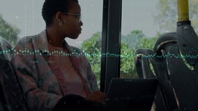 Woman boarding city bus and opening laptop, analyzing data charts with pulsing waveform overlay. Urban, modern, professional, innovative, mobile, technology, data visualization - Powered by Shutterstock - Get 15% off with code: PIKWIZARD15