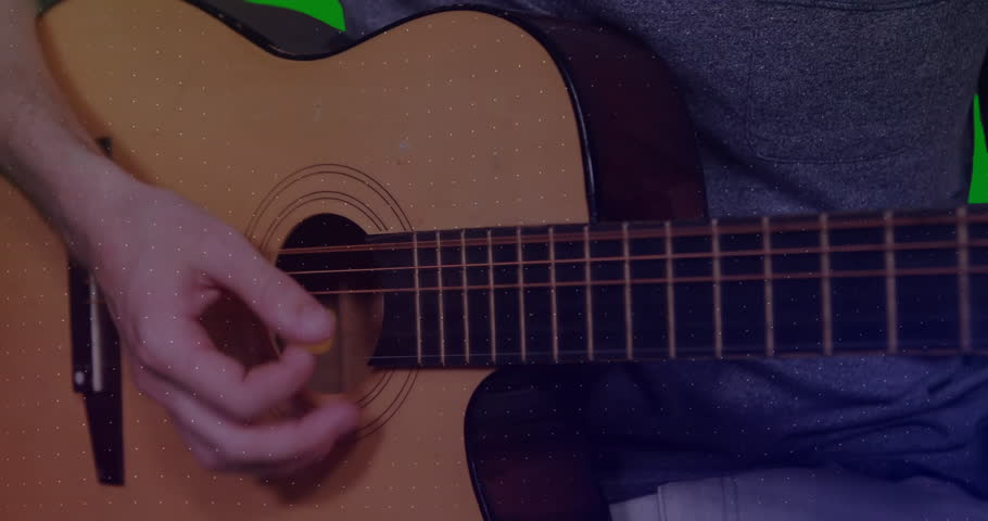 Guitarist strumming guitar causing neon shapes pulsing expanding and rotating synced with rhythm. Musician, abstract, vibrant, rhythmic, visual effects, performance, modern