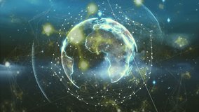 Glowing holographic Earth emerging center rotating emitting network lines showing numeric metrics. Futuristic, digital, technology, data, connectivity, network, innovation - Powered by Shutterstock - Get 15% off with code: PIKWIZARD15