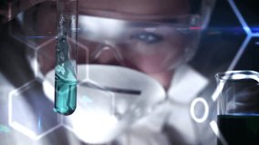 Female scientist lifting tube in tech lab monitoring bubbling reaction with molecular code overlay. Futuristic, innovation, chemistry, laboratory, digital, precision, research - Powered by Shutterstock - Get 15% off with code: PIKWIZARD15