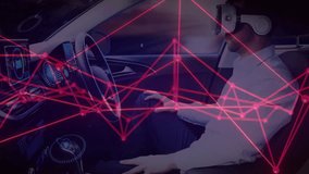 Vehicle driver wearing VR headset powering network overlay, adjusting nodes calibrating technology. Futuristic, innovation, digital, technology, connectivity, automation, interior - Powered by Shutterstock - Get 15% off with code: PIKWIZARD15