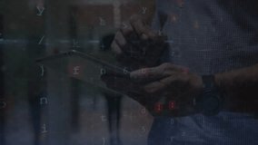 Man tapping tablet at plaza and activating floating code loading circle while security alert rising. Futuristic, cybersecurity, technology, urban, digital, alert, glitch - Powered by Shutterstock - Get 15% off with code: PIKWIZARD15