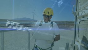 Technician powering tablet in wind farm and monitoring turbine output via animated data overlays. Renewable, digital, futuristic, sustainable, technological, environmental, data - Powered by Shutterstock - Get 15% off with code: PIKWIZARD15