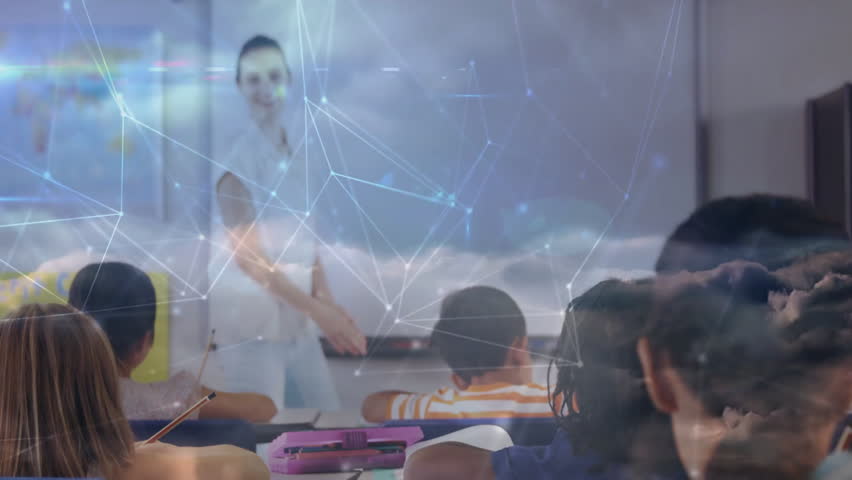 Teacher delivering lesson, pulsing network overlay emerging around whiteboard for digital learning. Educator, classroom, modern, e-learning, technology, collaboration, innovation - Powered by Shutterstock - Get 15% off with code: PIKWIZARD15