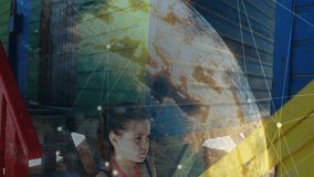 Rotating digital globe guiding girl raising camera, adjusting focus and capturing tech-driven scene. Global, childhood, technology, adventure, exploration, curiosity, vintage - Powered by Shutterstock - Get 15% off with code: PIKWIZARD15