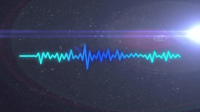 Line emerging from left, oscillating into cyan peaks over starfield lens flare, showing audio data. Abstract, futuristic, digital, technology, visualization, cosmic, vibrant - Powered by Shutterstock - Get 15% off with code: PIKWIZARD15