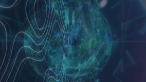 Animation of graphs, globe and padlock in circles on circular pattern against abstract background. Digitally generated, hologram, illustration, report, business, protection, globalization concept. - Powered by Shutterstock - Get 15% off with code: PIKWIZARD15