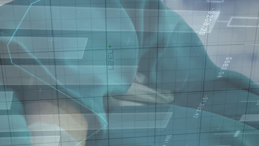 Animation of digital data processing over surgeons in operating theatre. Global medicine, healthcare services concept digitally generated video.