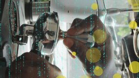 Animation of falling yellow dots over barista making coffee. Global business, finances, data processing and digital interface concept digitally generated video. - Powered by Shutterstock - Get 15% off with code: PIKWIZARD15