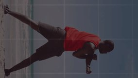 Animation of red light trails over rear view of african american fit man stretching at the beach. Sports and fitness technology concept - Powered by Shutterstock - Get 15% off with code: PIKWIZARD15
