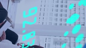 Animation of data processing and world map over caucasian businessman giving presentation at office. Computer interface and business data technology concept - Powered by Shutterstock - Get 15% off with code: PIKWIZARD15