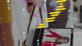 Animation of graphs and changing numbers over diverse female students studying on video call. Digital composite, multiple exposure, report, business, growth, childhood, education and technology. - Powered by Shutterstock - Get 15% off with code: PIKWIZARD15