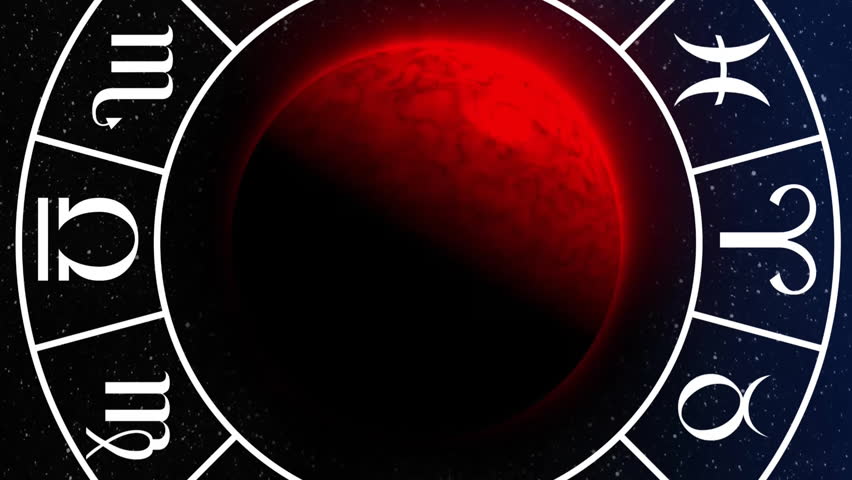 Animation of circle with zodiac symbols over globes on black background. Horoscope and zodiac signs concept digitally generated video.