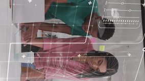 Animation of data processing and diagrams over diverse colleagues discussing work. Global business, teamwork and digital interface concept digitally generated video. - Powered by Shutterstock - Get 15% off with code: PIKWIZARD15