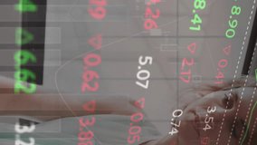 Animation of financial data processing over caucasian businesswoman in office. Global finance, business, connections, computing and data processing concept digitally generated video. - Powered by Shutterstock - Get 15% off with code: PIKWIZARD15