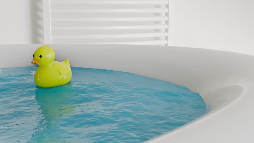 3d animation of cute yellow rubber ducky floating in bathtub