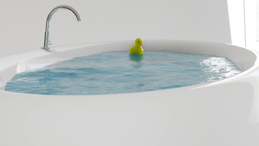 3d animation of cute yellow rubber ducky floating in bathtub