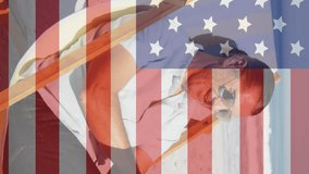 Jigsaw puzzle over american flag against man using digial tablet sitting on deck chair at the beach. american independence patriotic holiday concept - Powered by Shutterstock - Get 15% off with code: PIKWIZARD15