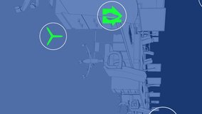 Animation of sustainable energy icons over digital workspace in office. Digitally generated, hologram, illustration, renewable, recycling, desk, computer, blueprint and green technology concept. - Powered by Shutterstock - Get 15% off with code: PIKWIZARD15