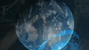 Animation of globe rotating over integrated circuit on black background. Global network, data processing, finance and technology concept digitally generated video. - Powered by Shutterstock - Get 15% off with code: PIKWIZARD15