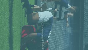 Animation of data processing and rugby players over sports stadium. Global sports competition and data processing concept digitally generated video. - Powered by Shutterstock - Get 15% off with code: PIKWIZARD15