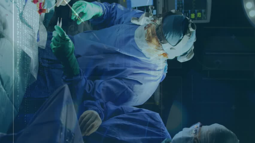 Animation of data processing over diverse doctors. Global medicine, healthcare and digital interface concept digitally generated video.