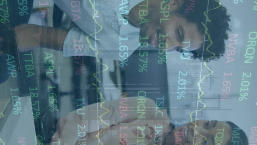 Happy diverse businesspeople using laptops and talking, symbolizing the global interconnectedness of business and the importance of data processing and communication in today's economy. Global