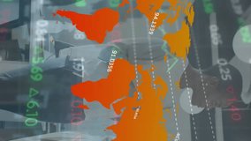 Animation of number over trading board and map against diverse female coworkers sharing ideas. Digital composite, multiple exposure, global, office, stock market, teamwork and technology concept. - Powered by Shutterstock - Get 15% off with code: PIKWIZARD15