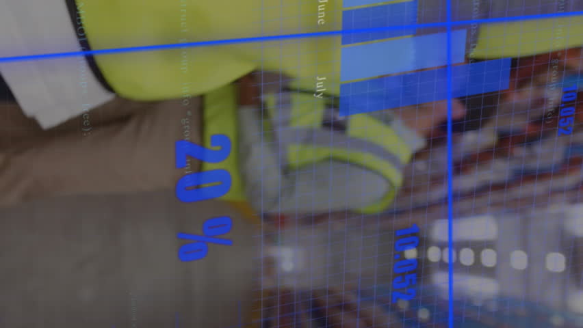 Animation of data processing over caucasian male worker with scanning device smiling at warehouse. Global networking and logistics business technology concept - Powered by Shutterstock - Get 15% off with code: PIKWIZARD15