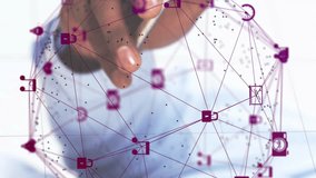 Animation of globe of digital icons spinning over mid section of businessman using smartphone. Computer interface and business data technology concept - Powered by Shutterstock - Get 15% off with code: PIKWIZARD15