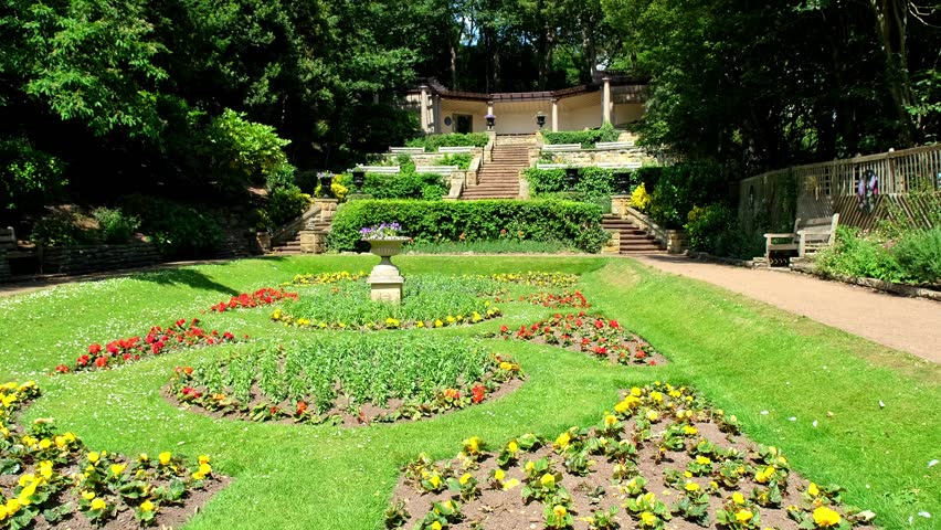 Italian inspired formal garden in the seaside town of Scarborough on the North Yorkshire coast. Captured on a bright and sunny summer day. Push in shot.
