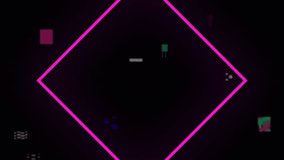 Animation of interference over green hexagon, 3d diamonds and pink neon square on black background. Connection, creativity, network, processing, data and communication, digitally generated video. - Powered by Shutterstock - Get 15% off with code: PIKWIZARD15
