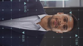 Animation of ecology icons and data processing over casual businessman smiling in office. Technology, business and digital interface concept digitally generated video. - Powered by Shutterstock - Get 15% off with code: PIKWIZARD15